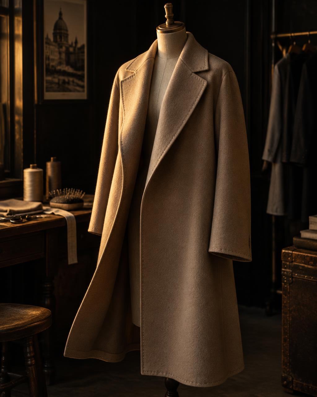 Hand-finished double-face cashmere coat in a tailoring atelier